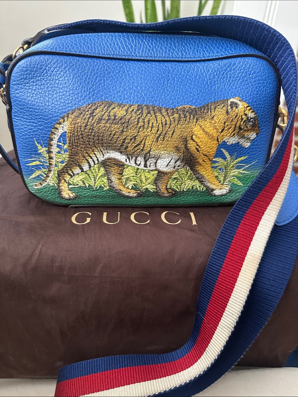 Gucci Blue Leather Tiger Motif Messenger Bag with Striped Strap